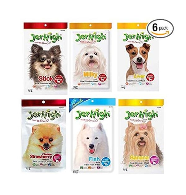 Jerhigh Real Chicken Treat Milk, Stick, Liver, Strawberry, Fish, Banana Flavor 6 Pack Combo Set